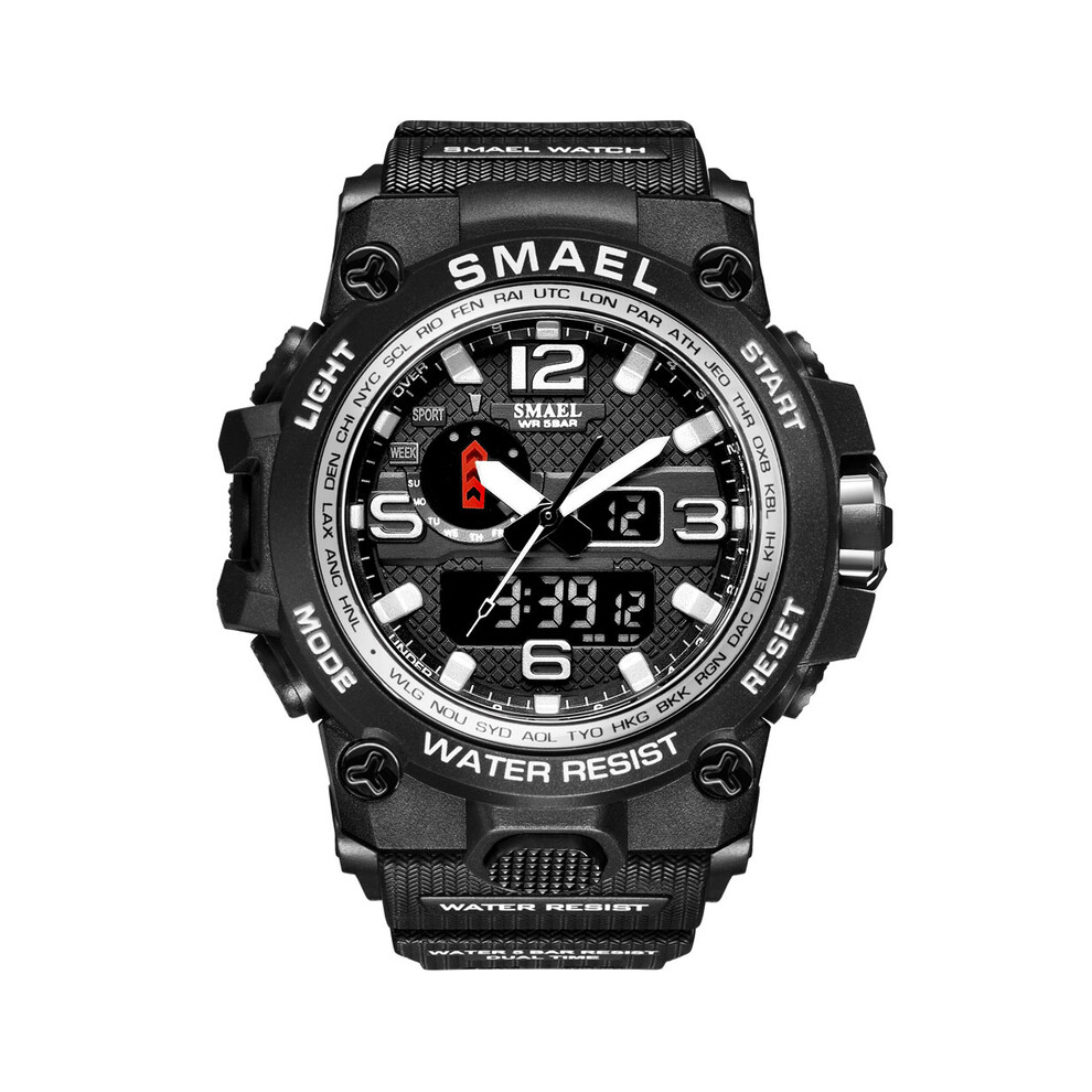 (Black Silver) Men Sports Watches Dual Display Analog Digital LED Electronic Quartz Wristwatches Waterproof Swimming Military Watch