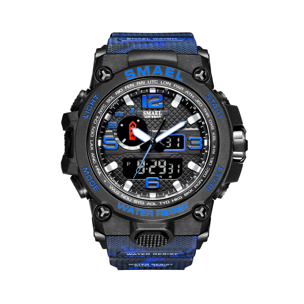(Camo Blue) Men Sports Watches Dual Display Analog Digital LED Electronic Quartz Wristwatches Waterproof Swimming Military Watch