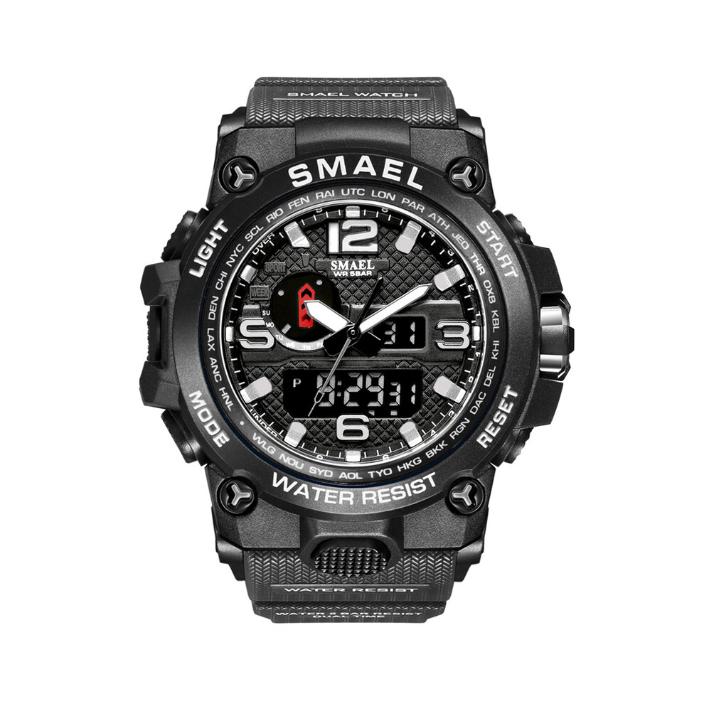 (Gray Black) Men Sports Watches Dual Display Analog Digital LED Electronic Quartz Wristwatches Waterproof Swimming Military Watch