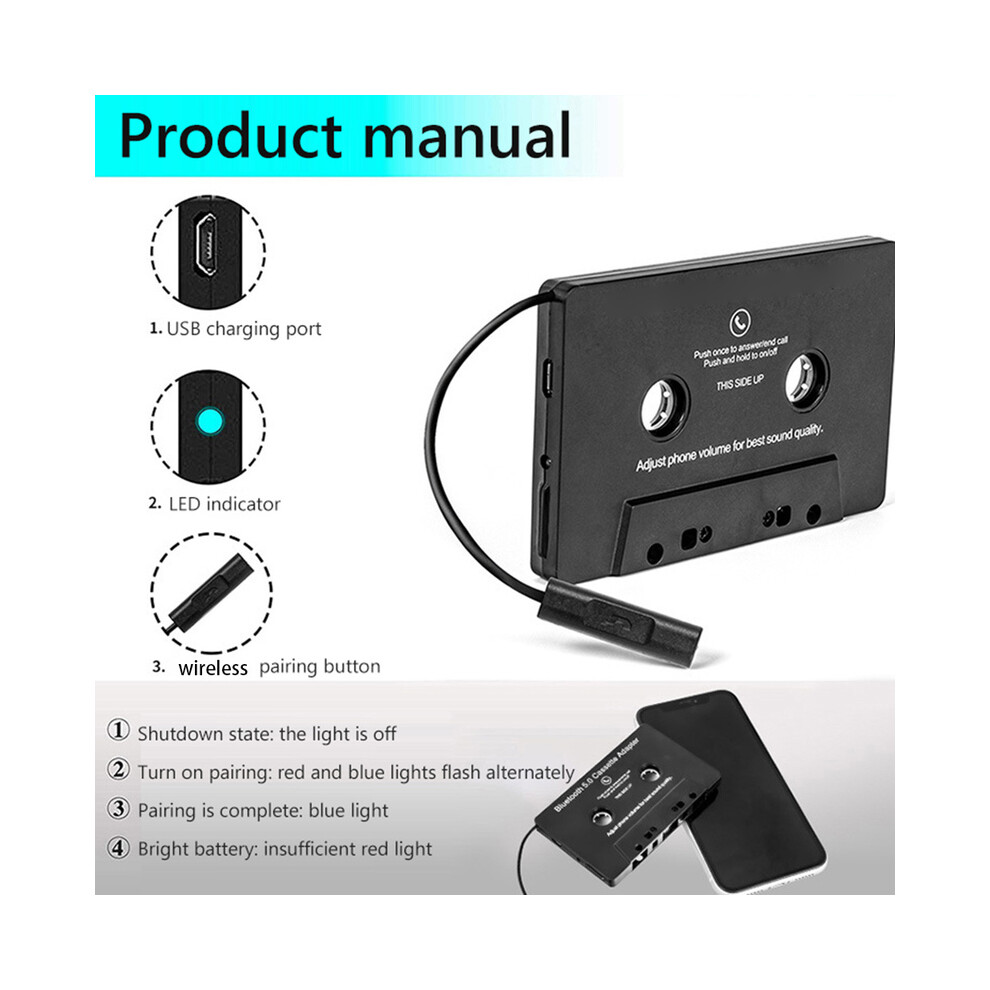 (A) Wireless Bluetooth 5.0 Converter Car Tape Aac Mp3 Sbc 3.5Mm Aux Hifi Stereo Audio Adapter Audio Cassette With Mic 9190758822908