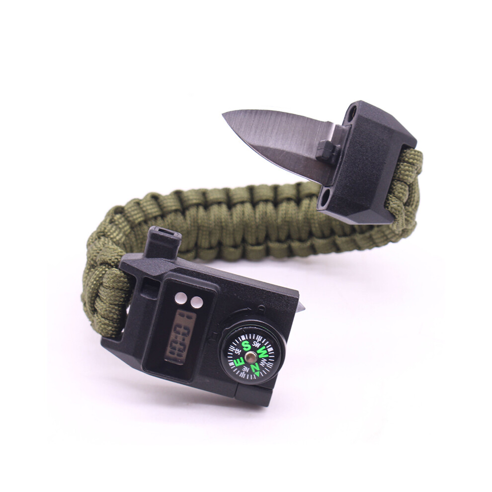 (Army Green) Multi-function 7-in-1 Survival Bracelet Men Women Outdoor Camping Hiking Rescue Emergency Paracord Bangles Compass Whistle