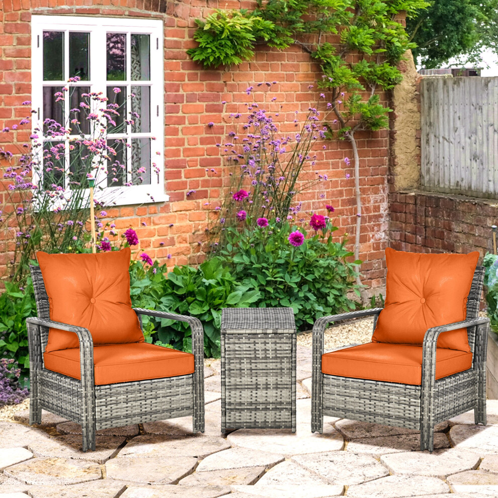 Outsunny 3 PCs PE Rattan Garden Sofa Set w/ 2 Chairs & Storage Table Orange