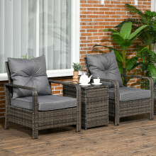 Outsunny 3 Piece PE Rattan Garden Sofa Set w/ 2 Chairs & Storage Table Grey