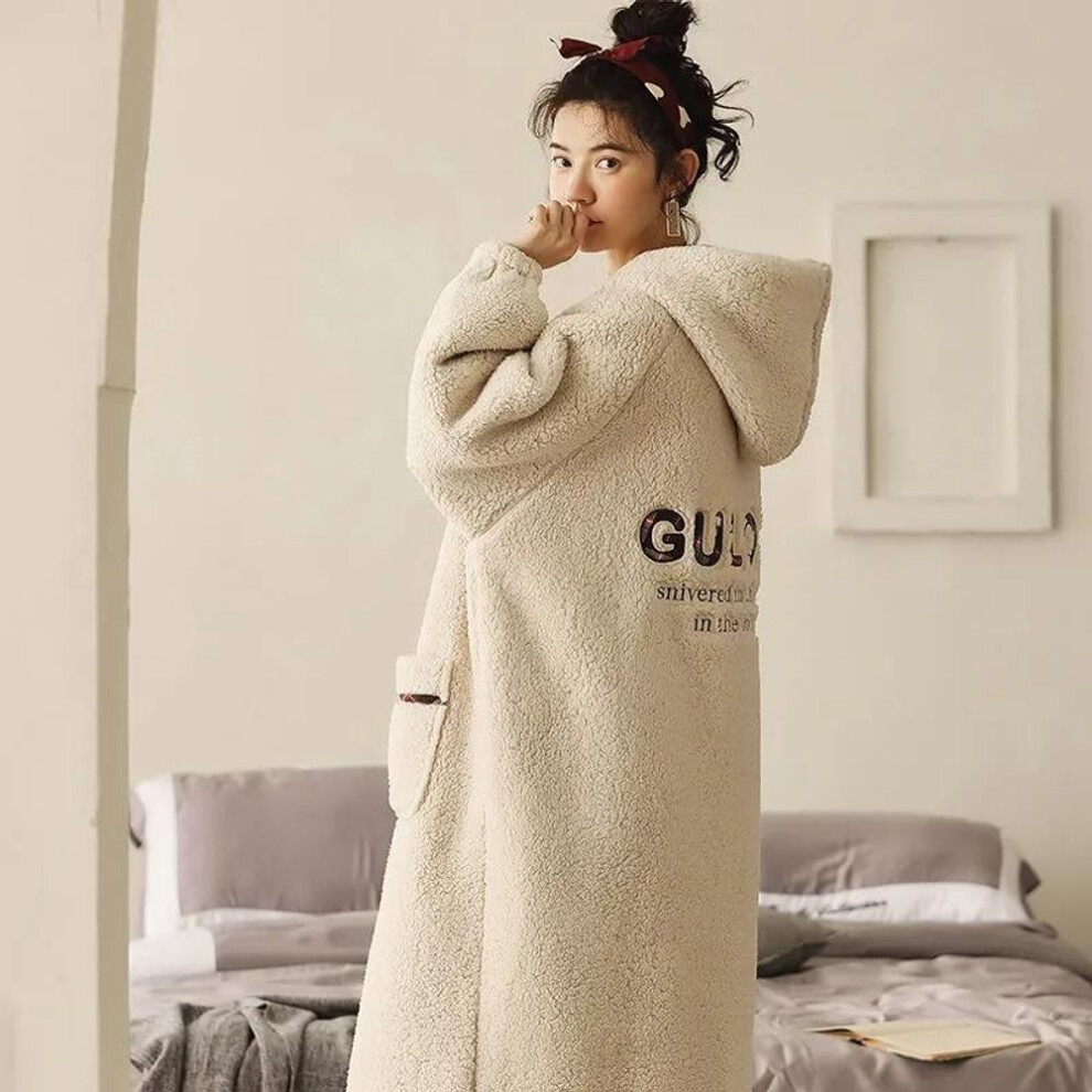(as the picture, XL) Women&apos;s Pajamas Winter Velvet Warm Pyjamas Long Bathrobe Casual Loose Homewear Cartoon Cute Sleepwear Hooded Long Sleeve Thick Fleece Clothing