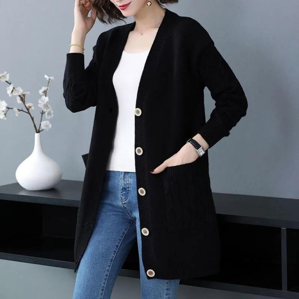 (black, One Size) Wtempo Women's Autumn Winter Solid Color Loose Knitted Cardigans Large Size Female Long Sleeve Casual Knitted Sweater Coats With Buttons