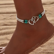 (AY6069001) New Boho Double Heart Anklets for Women Vintage Shell Starfish Ankle Bracelet on Leg Chain