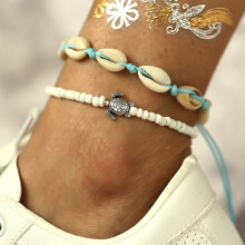 (AYF1873) New Boho Double Heart Anklets for Women Vintage Shell Starfish Ankle Bracelet on Leg Chain