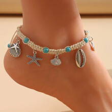 (AY55880) New Boho Double Heart Anklets for Women Vintage Shell Starfish Ankle Bracelet on Leg Chain