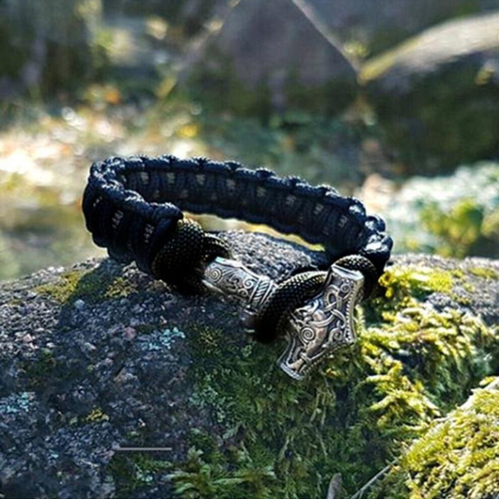 (silver) New High Quality 316l Stainless Steel Men&apos;s Viking Amulet Braided Rope Bracelet Thor&apos;s Hammer Totem Viking Ancient Bead Pendant Bracelet