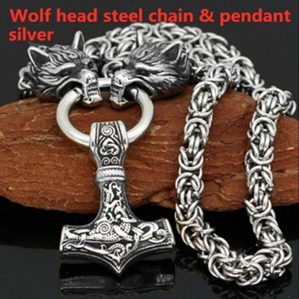 (silver) Nordic Men&apos;s 316l Stainless Steel Viking Wolf Head Steel Chain And Thor&apos;s Hammer Mjolnir Pendant Necklace Viking Men&apos;s Amulet Jewelry G