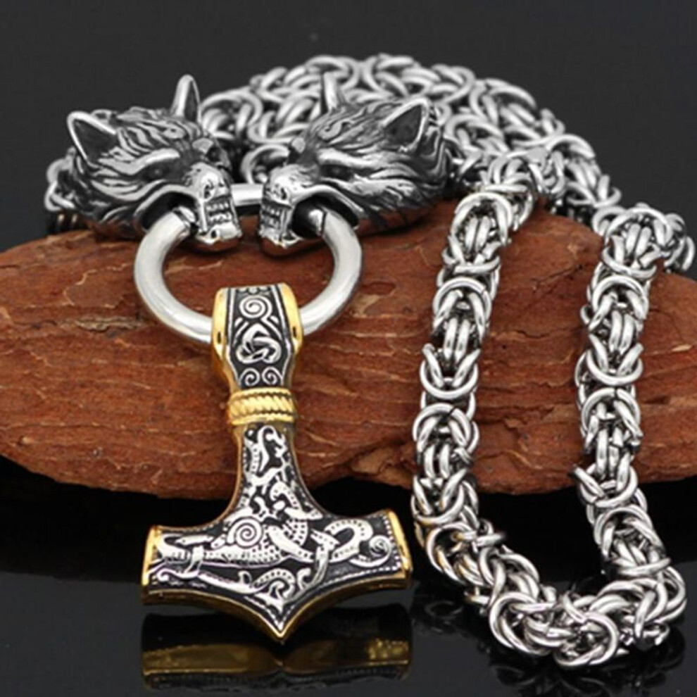 (gold) Nordic Men&apos;s 316l Stainless Steel Viking Wolf Head Steel Chain And Thor&apos;s Hammer Mjolnir Pendant Necklace Viking Men&apos;s Amulet Jewelry G