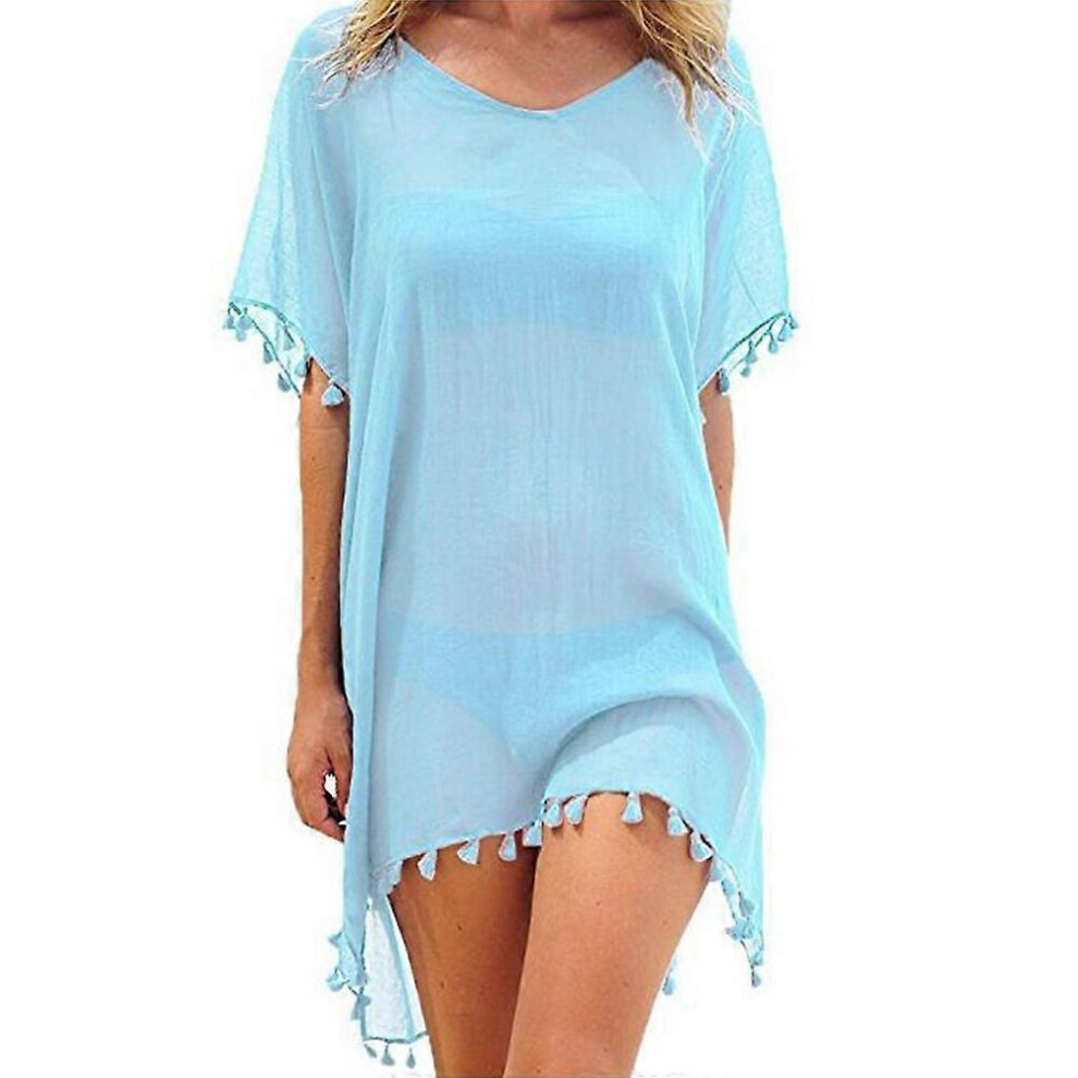 (Light Blue, One size) Women Chiffon Bikini Cover Up Swimsuit Dress Summer Beach Pom Pom Tassel Hem Swimwear Cover-up T-Shirt Dress-image-OPC-PG8WN89-NEW