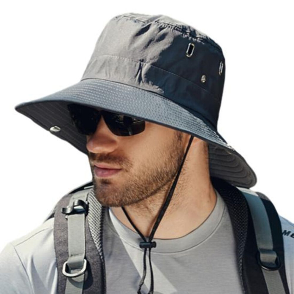 (dark gray) Yousheng Men Summer Sun Hat Windproof Strap Wide Brim Anti-UV Sun Protection Foldable Portable Gardening Fishing Travel Cap Outdoor Fisherman Hat