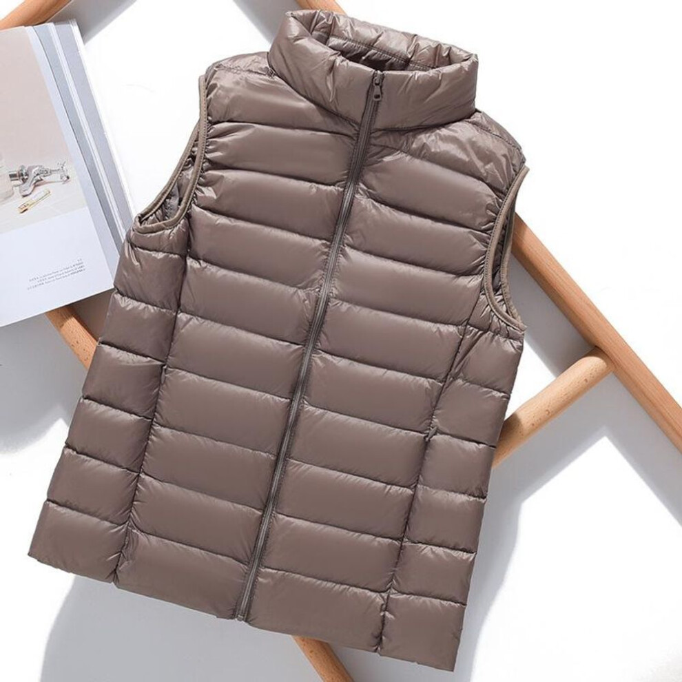(khaki, XXL) Lightweight Solid Color Women&apos;s Down Vest Short Vest Standing Collar Vest Lightweight 90% White Duck Down Coats Jacket