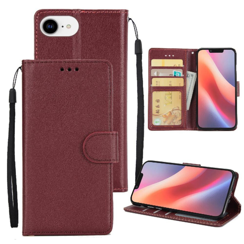 (Red) Compatible With Iphone 16E Flip Case Card Holder Kickstand Magnetic Pu Leather Wrist Strap Wallet Case Red 764549510658