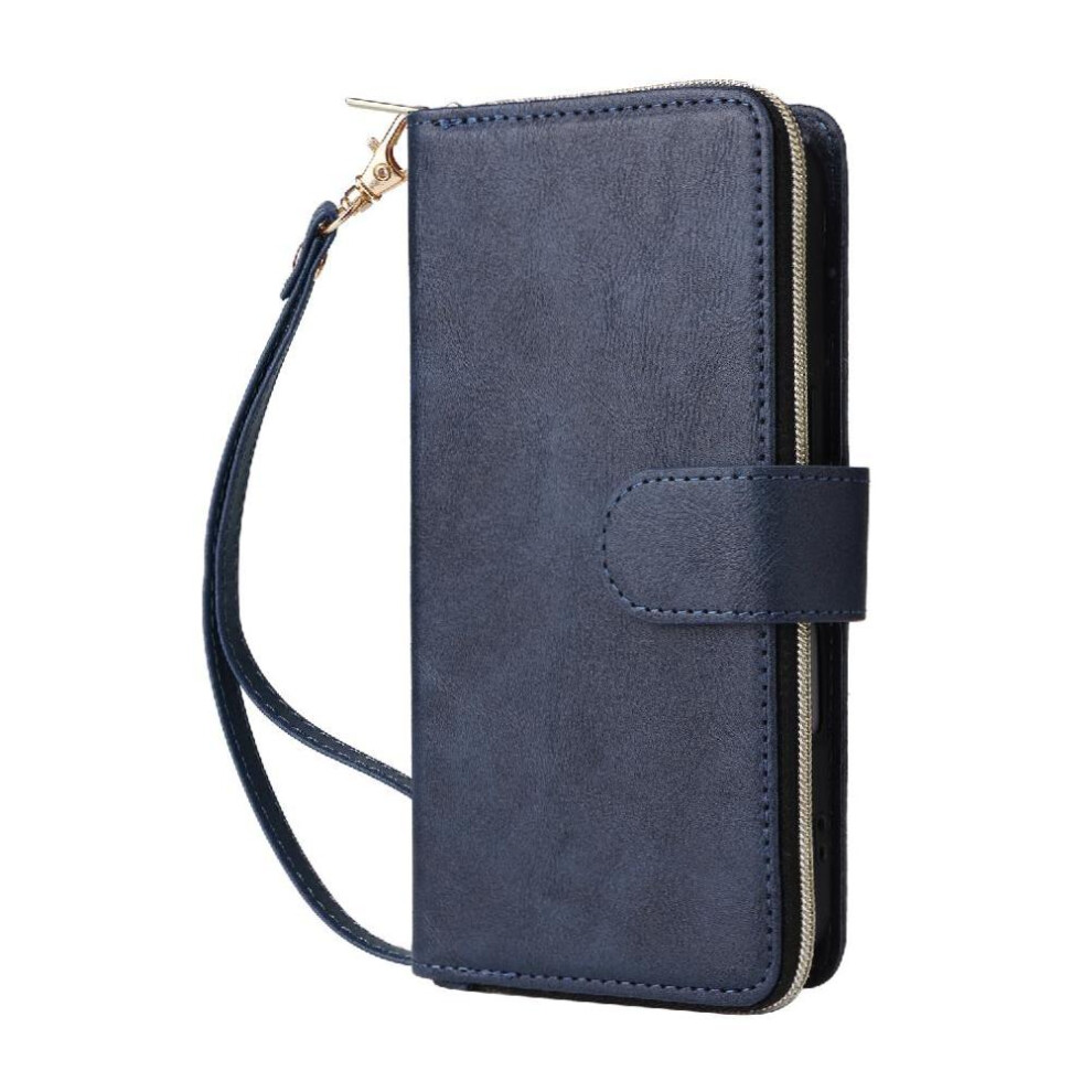 (Blue) Compatible With Iphone 16E Case Flip Cover Wallet Case With 9 Card Slots With Hand Strap Zipper Pocket Card Holder Blue 764549510702