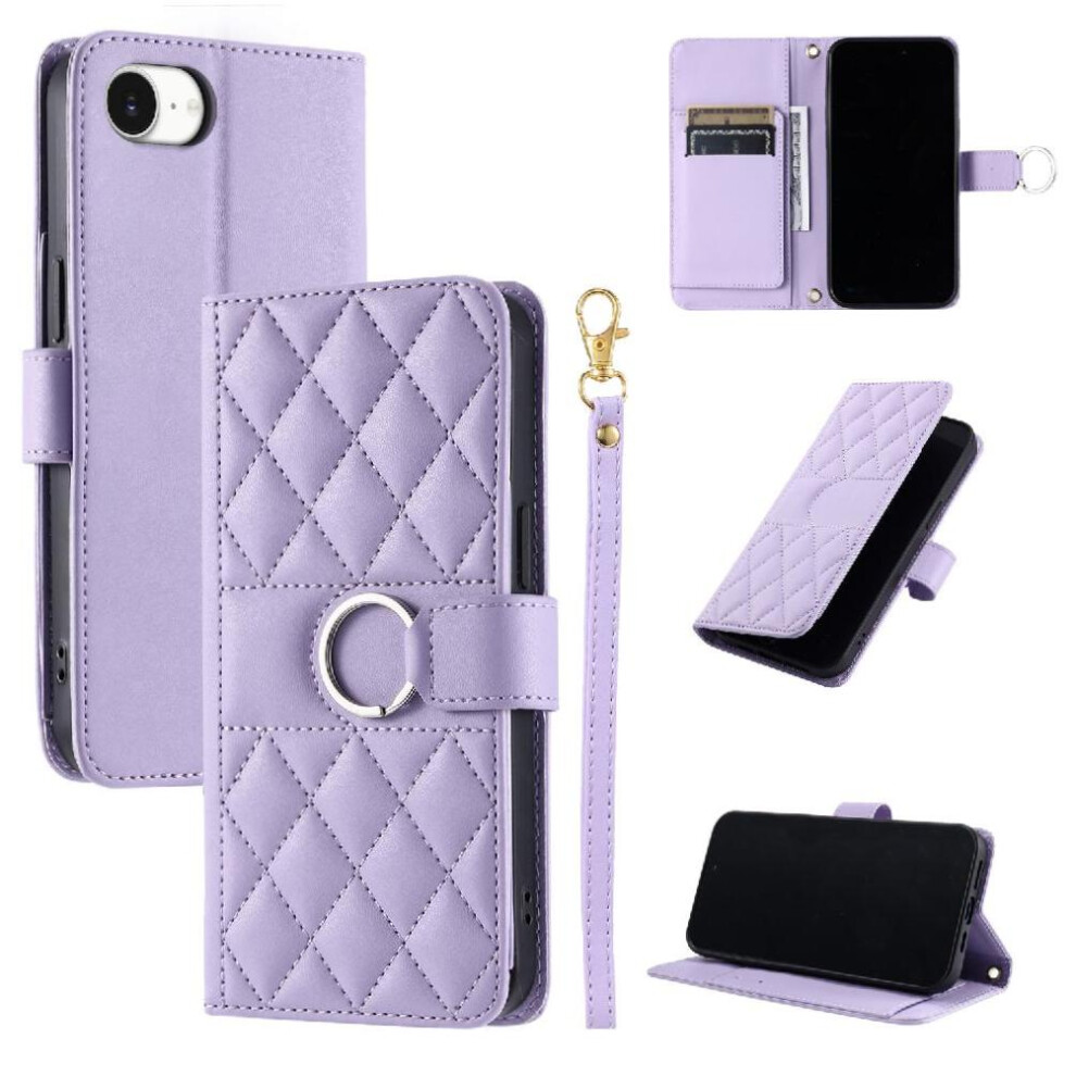 (Purple) Flip Case For Iphone 16E Card Slots Holder Protective Magnetic Wrist Strap Pu Leather Purple 764549510719