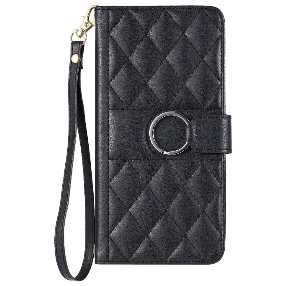 (Black) Flip Case For Iphone 16E Card Slots Holder Protective Magnetic Wrist Strap Pu Leather Black 764549510733