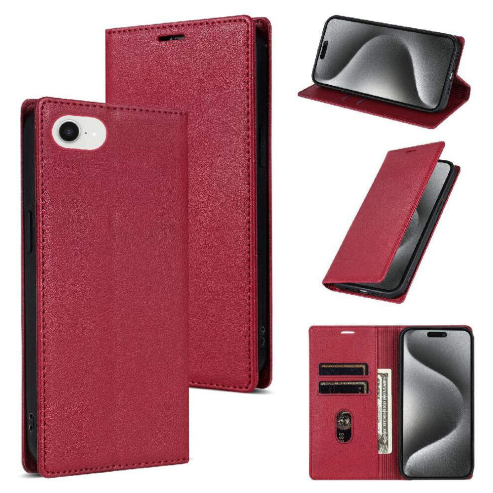 (Red) Business Style Case For Iphone 16E Flip Case Magnetic Closure Card Holder Kickstand Shockproof Red 764549510870