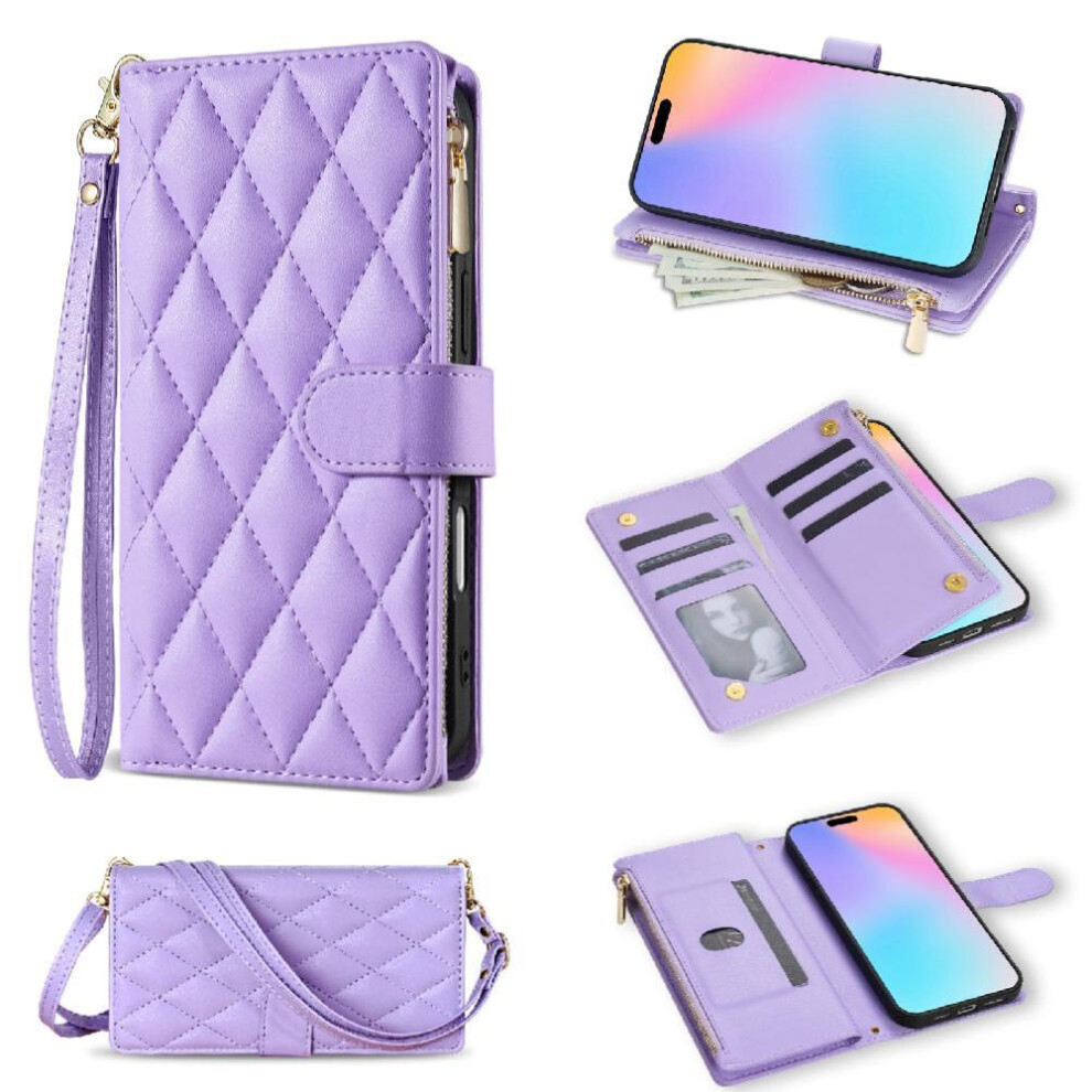 (Purple) Zipper Pocket Phone Case For Iphone 16E Kickstand Magnetic Closure Crossbody Strap Wrist Strap Card Holder Purple 764549511013
