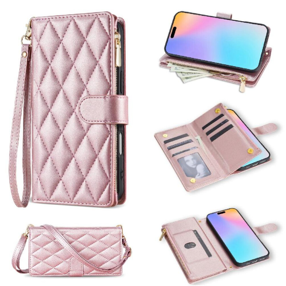 (Rose ) Zipper Pocket Phone Case For Iphone 16E Kickstand Magnetic Closure Crossbody Strap Wrist Strap Card Holder Gold 764549511020