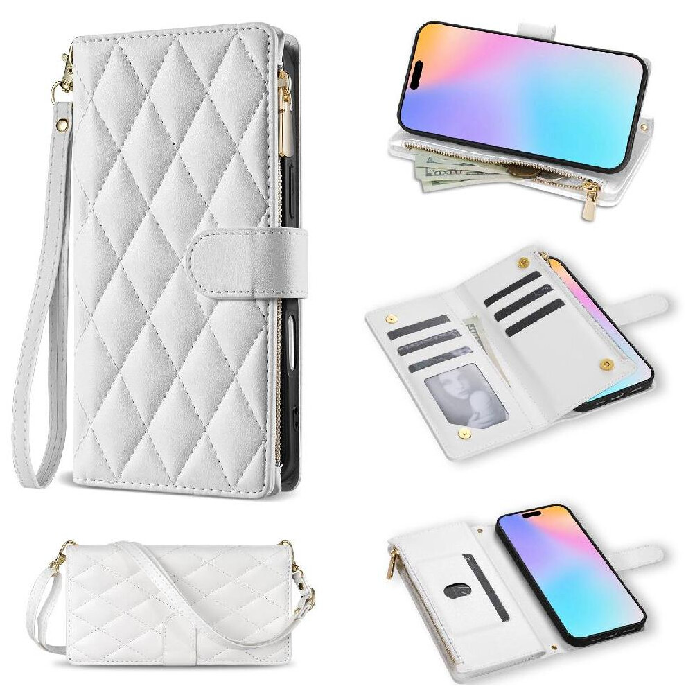 (White) Zipper Pocket Phone Case For Iphone 16E Kickstand Magnetic Closure Crossbody Strap Wrist Strap Card Holder White 764549511006