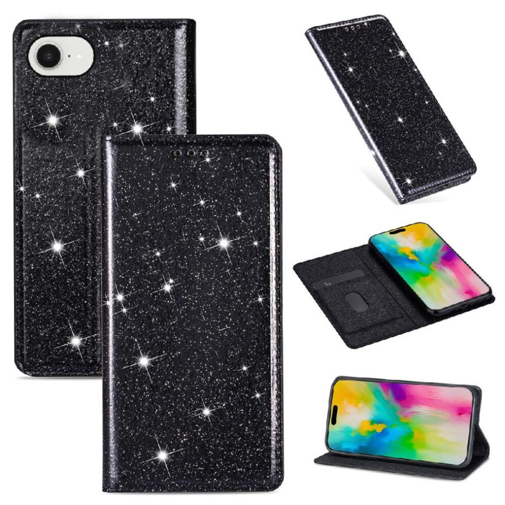 (Black) Glitter Flip Case For Iphone 16E Pu Leather Magnetic Closure Card Holder Flip Case Wallet Black 764549511099