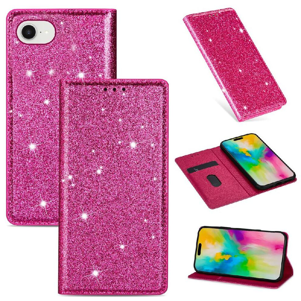(Rose ) Glitter Flip Case For Iphone 16E Pu Leather Magnetic Closure Card Holder Flip Case Wallet Red 764549511068