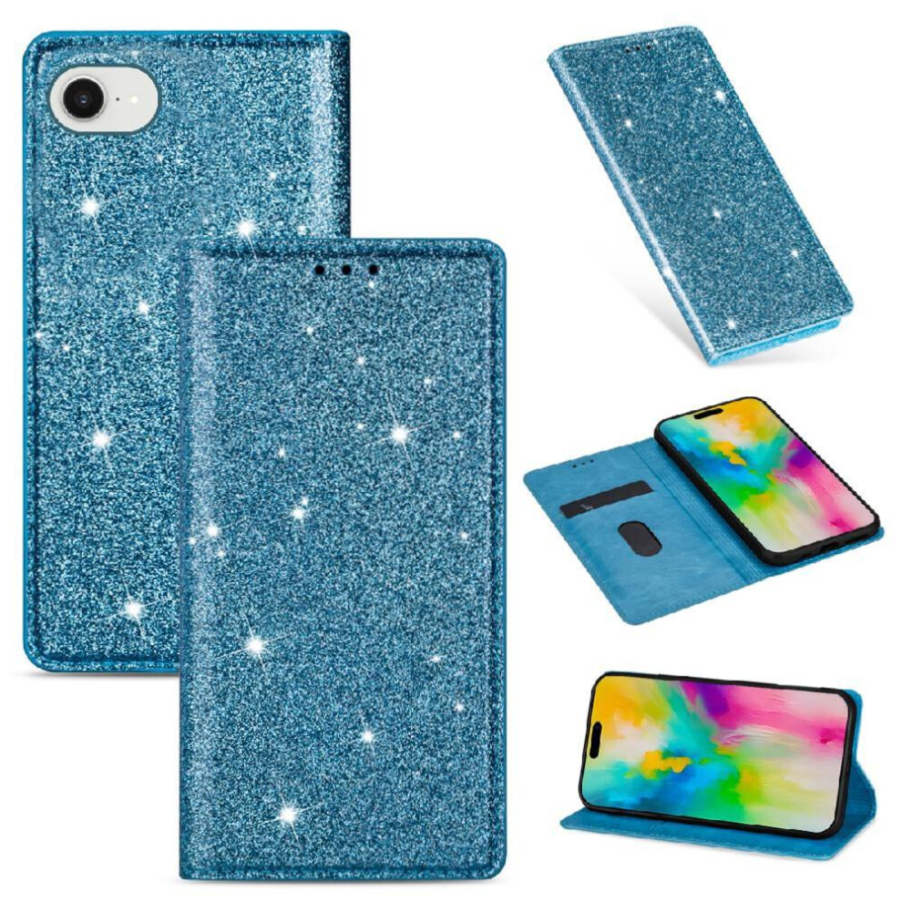(Blue) Glitter Flip Case For Iphone 16E Pu Leather Magnetic Closure Card Holder Flip Case Wallet Blue 764549511051
