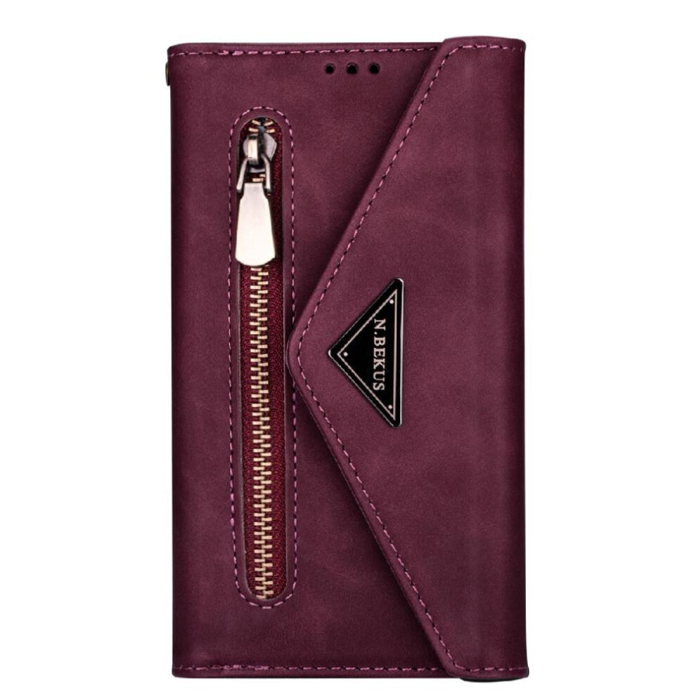 (Red) Zipper Pocket Case For Iphone 16E Wrist Strap Kickstand Shockproof Magnetic Closure Protective Cover Red 764549511167