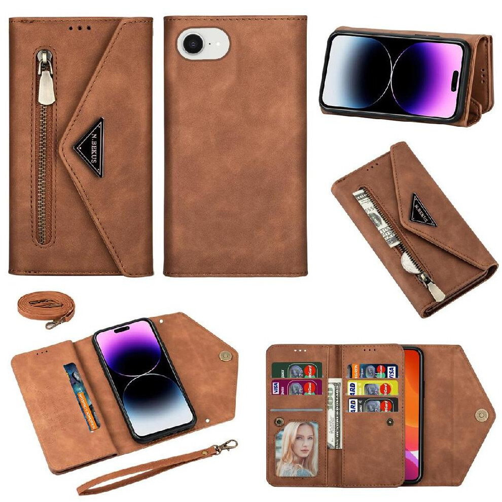 (Brown) Zipper Pocket Case For Iphone 16E Wrist Strap Kickstand Shockproof Magnetic Closure Protective Cover Brown 764549511198