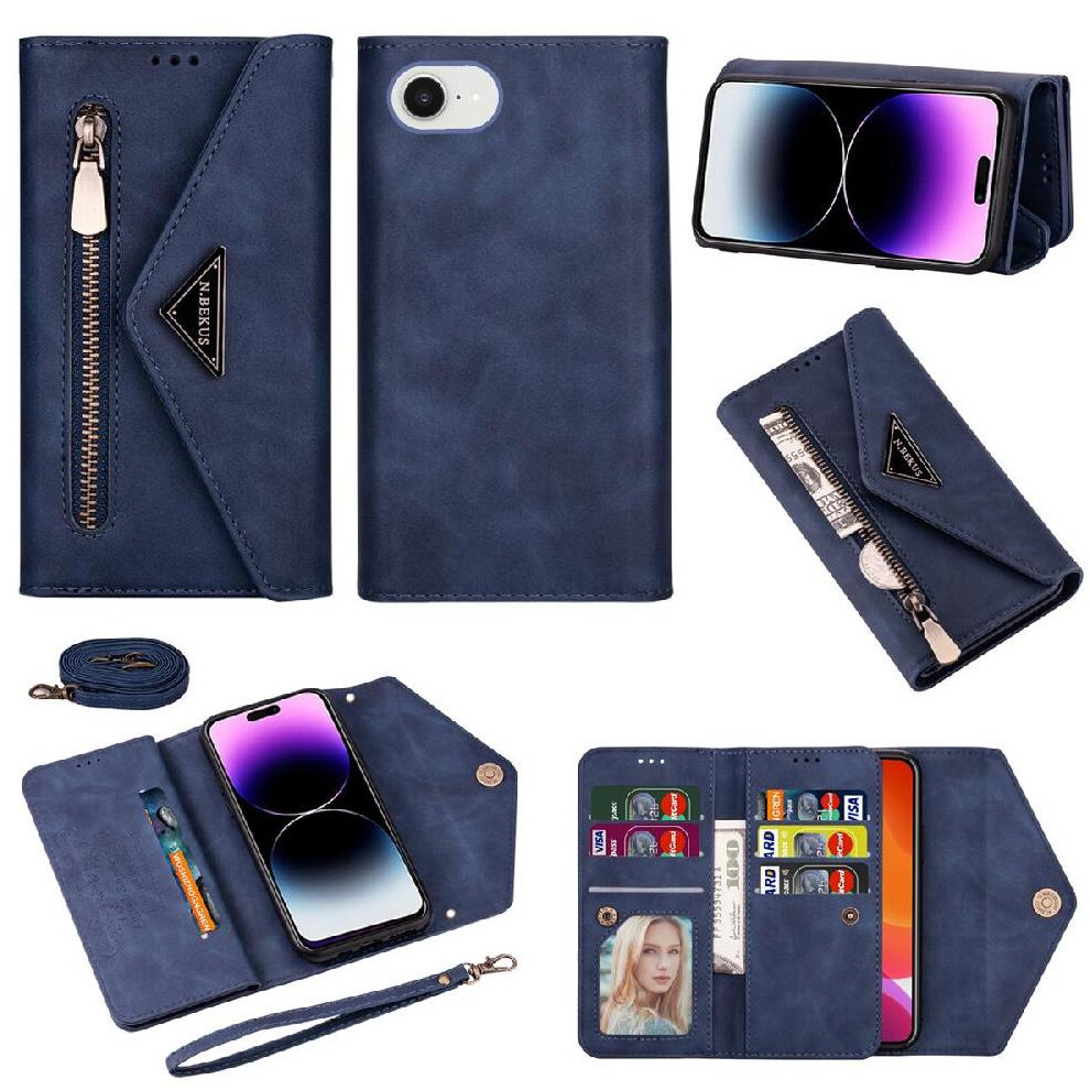 (Blue) Zipper Pocket Case For Iphone 16E Protective Cover Kickstand Wrist Strap Crossbody Strap Shockproof Blue 764549511242