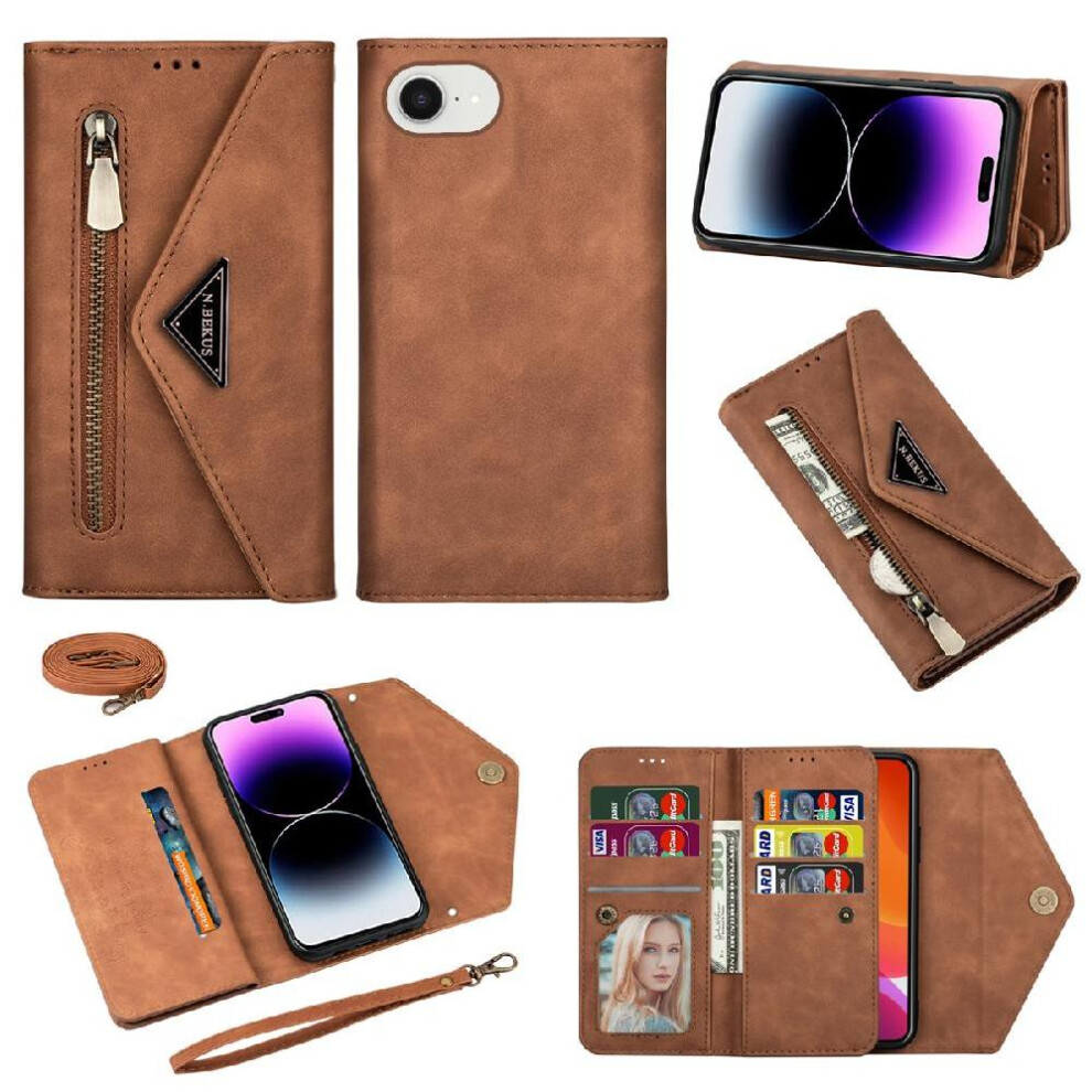 (Brown) Zipper Pocket Case For Iphone 16E Protective Cover Kickstand Wrist Strap Crossbody Strap Shockproof Brown 764549511259