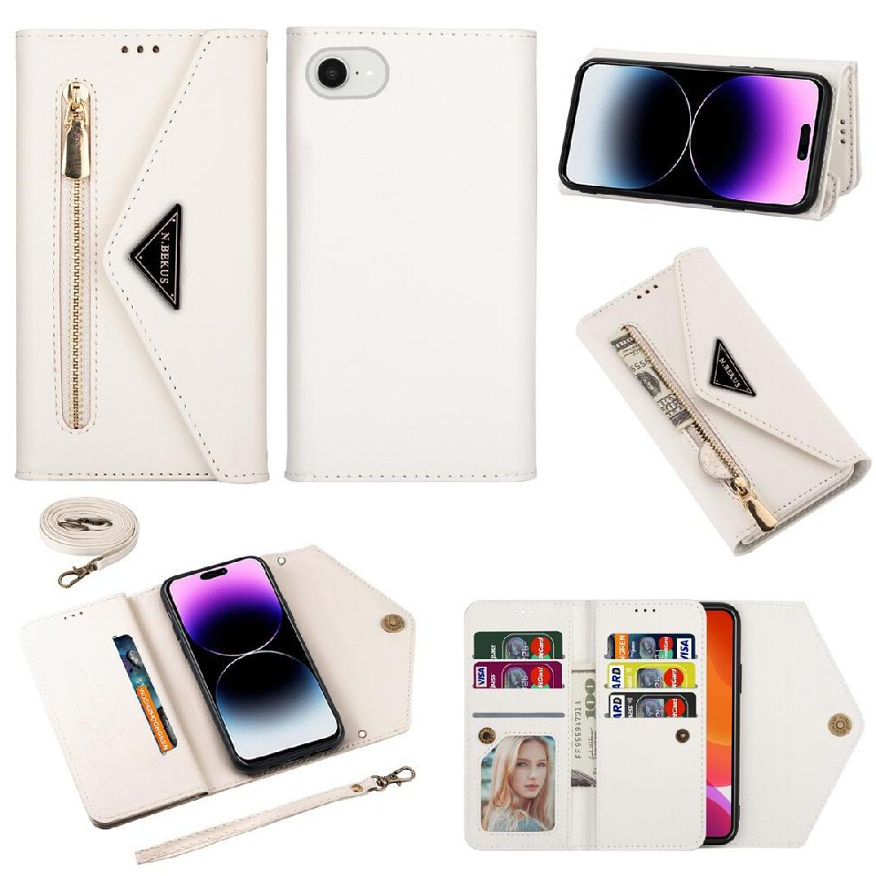 (White) Zipper Pocket Case For Iphone 16E Protective Cover Kickstand Wrist Strap Crossbody Strap Shockproof White 764549511266