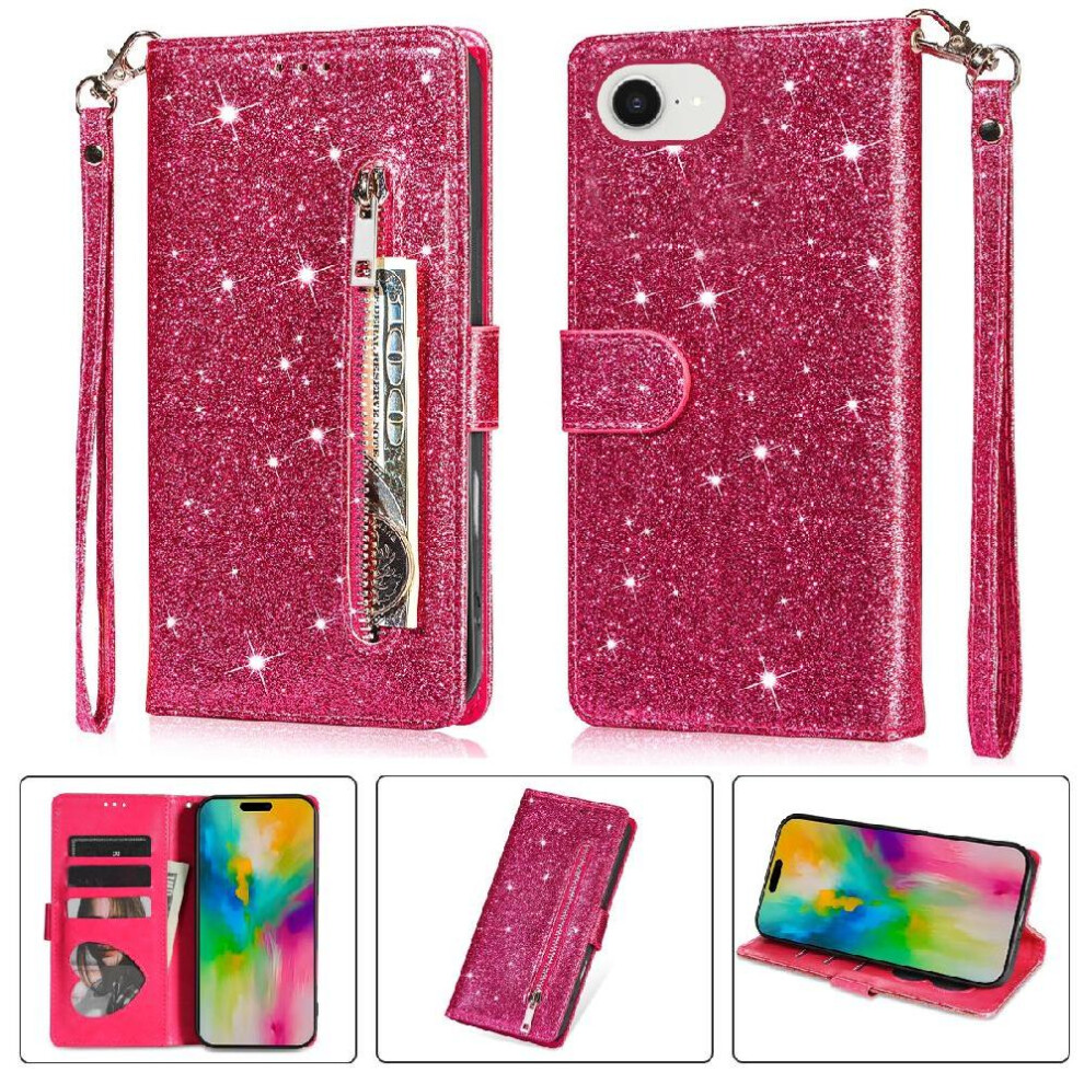(Rose ) Zipper Pocket Case For Iphone 16E Glitter Wallet Case Pu Leather Magnetic Closure Wrist Strap Card Holder Red 764549511389