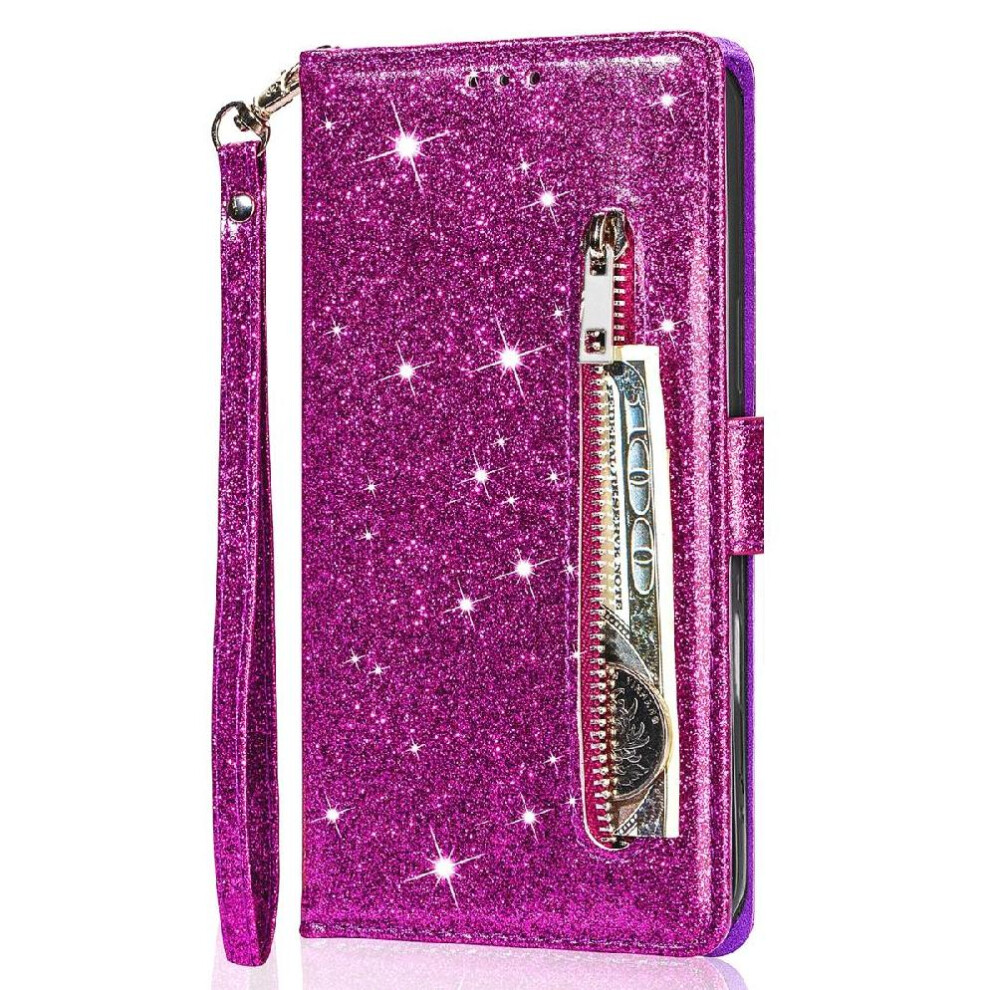 (Purple) Zipper Pocket Case For Iphone 16E Glitter Wallet Case Pu Leather Magnetic Closure Wrist Strap Card Holder Purple 764549511396