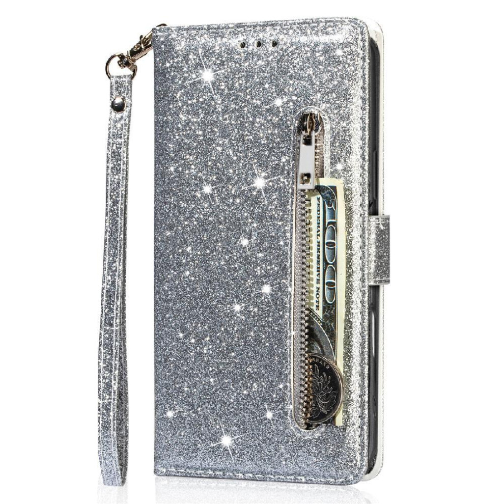 (Silver) Zipper Pocket Case For Iphone 16E Glitter Wallet Case Pu Leather Magnetic Closure Wrist Strap Card Holder Silver 764549511358