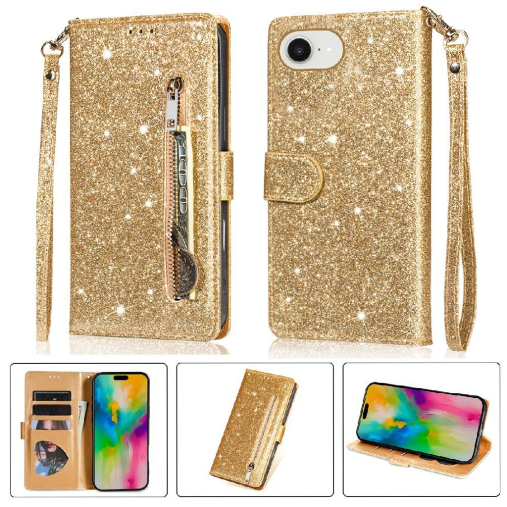 (Gold) Zipper Pocket Case For Iphone 16E Glitter Wallet Case Pu Leather Magnetic Closure Wrist Strap Card Holder Gold 764549511341