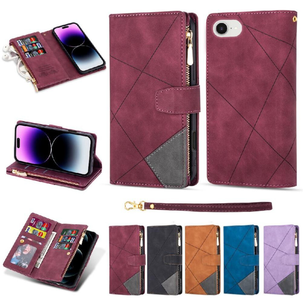(Red) Wallet Case For Iphone 16E Kickstand Magnetic Closure 5 Card Holders Wrist Strap Red 764549511402