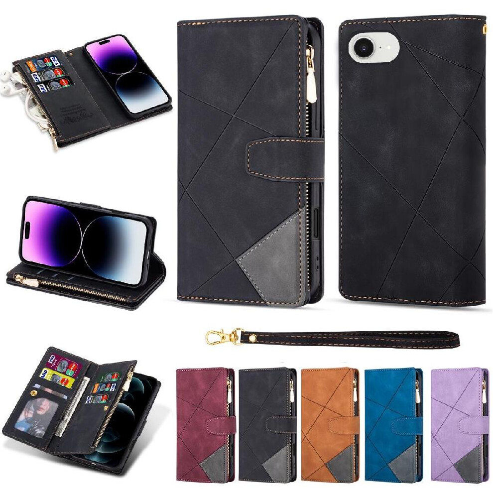 (Black) Wallet Case For Iphone 16E Kickstand Magnetic Closure 5 Card Holders Wrist Strap Black 764549511440