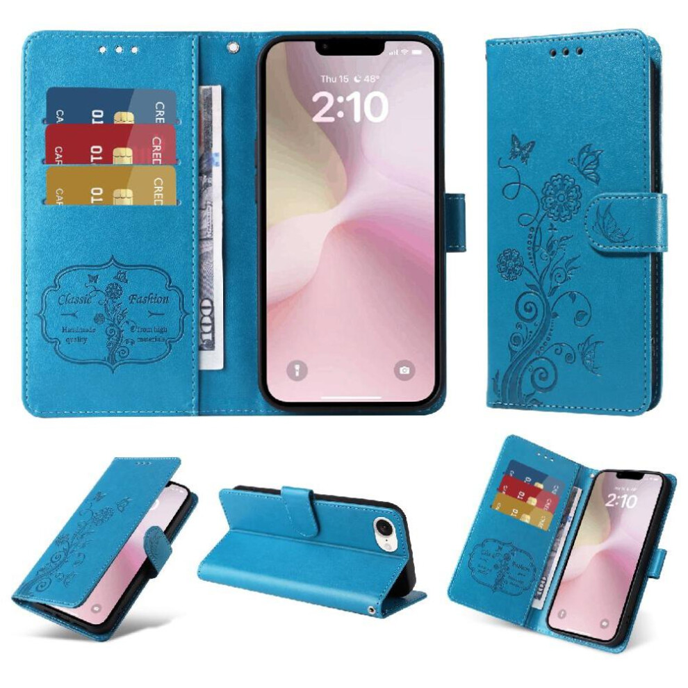 (Blue) Flip Case For Iphone 16E Flip Flower Cardslots Leather Blue 764549511747