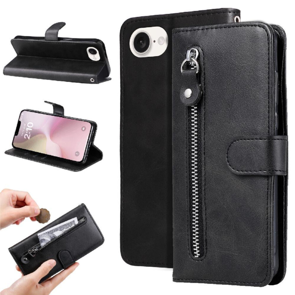 (Black) Case For Iphone 16E Leather Card Slot Holders Zipper Protective Cover Black 764549511808