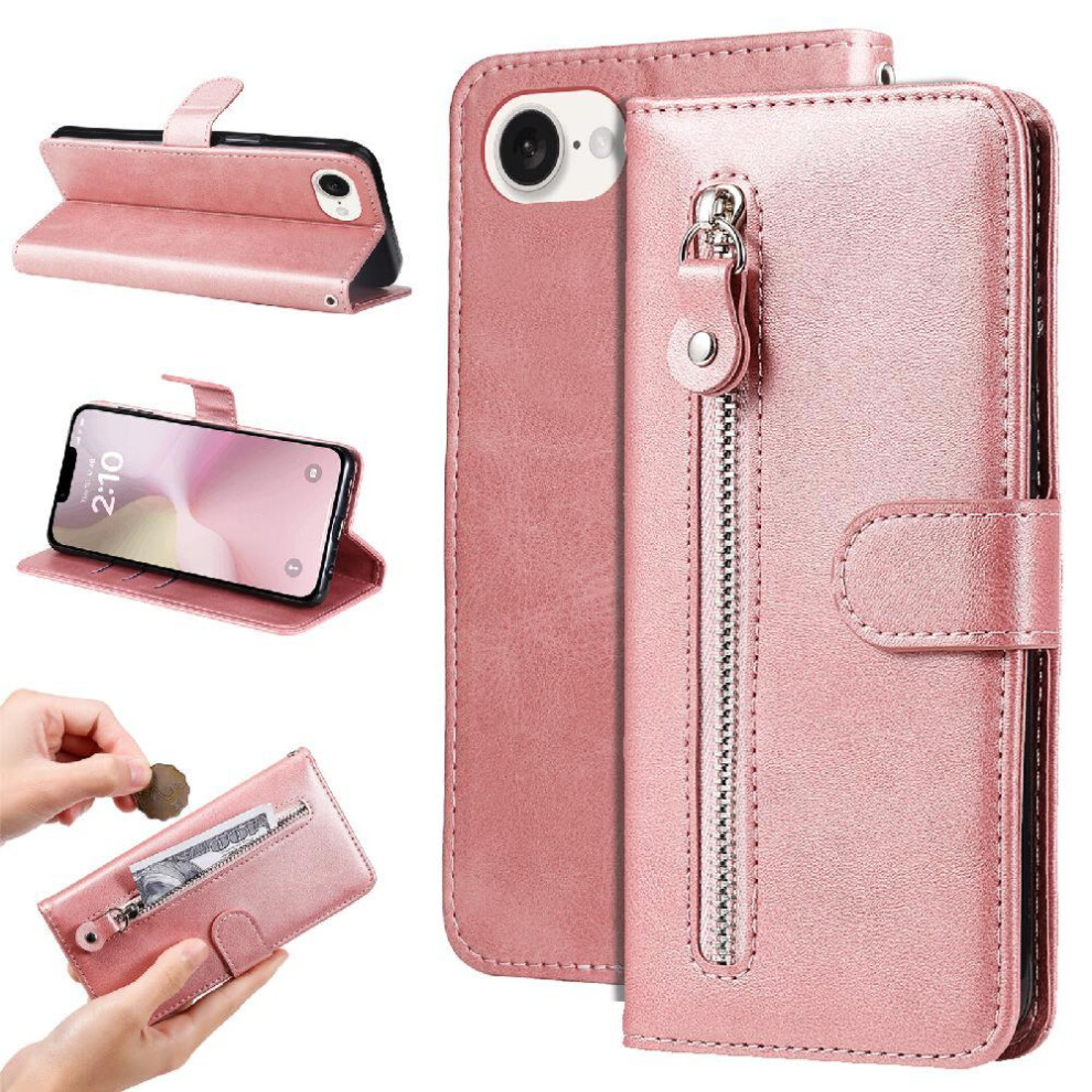 (Pink) Case For Iphone 16E Leather Card Slot Holders Zipper Protective Cover Pink 764549511778