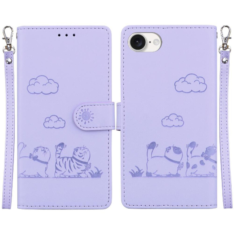 (Purple) Flip Case For Iphone 16E Cat Rfid Card Slot Holder Kickstand Leather Wallet Purple 764549511990