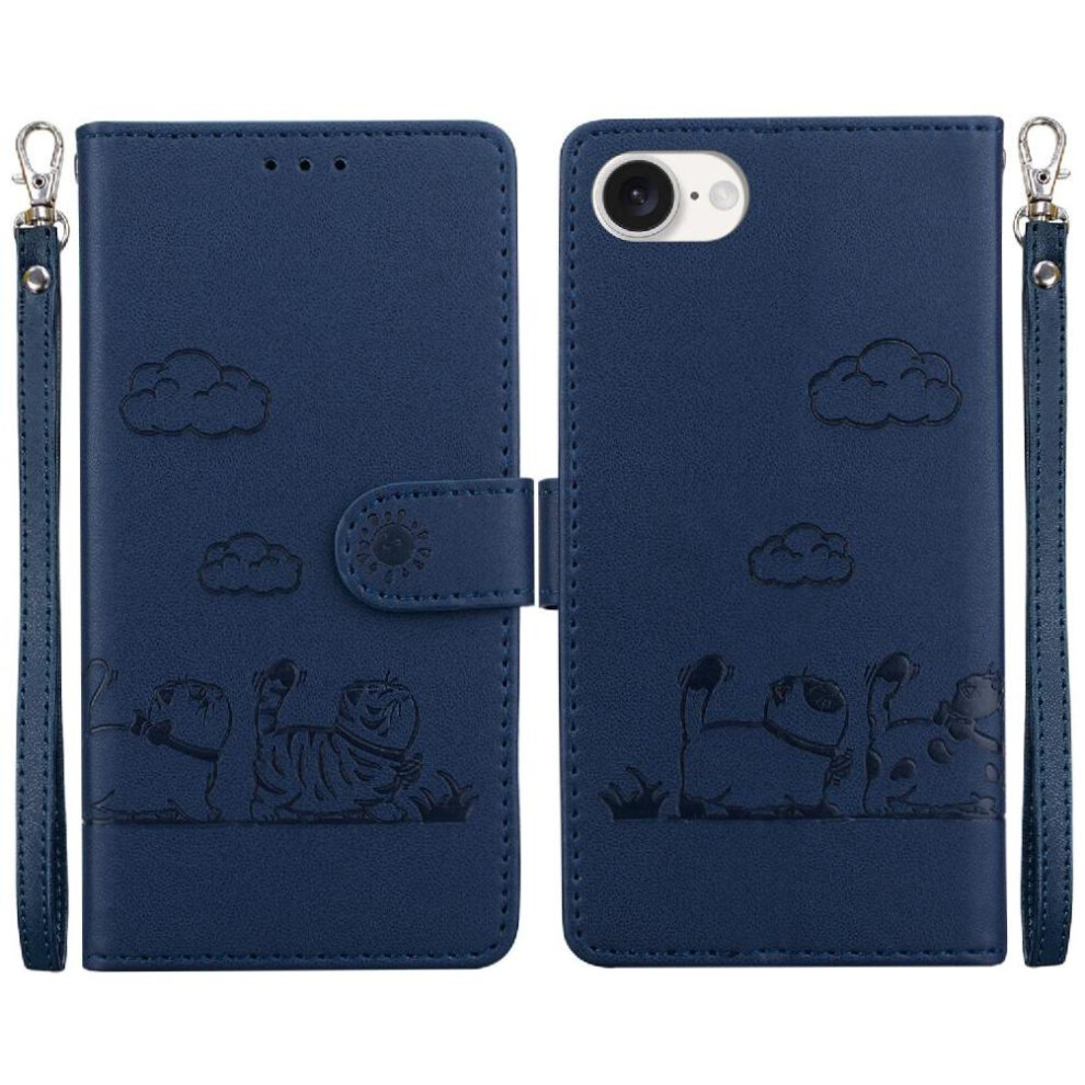 (Blue) Flip Case For Iphone 16E Cat Rfid Card Slot Holder Kickstand Leather Wallet Blue 764549512010