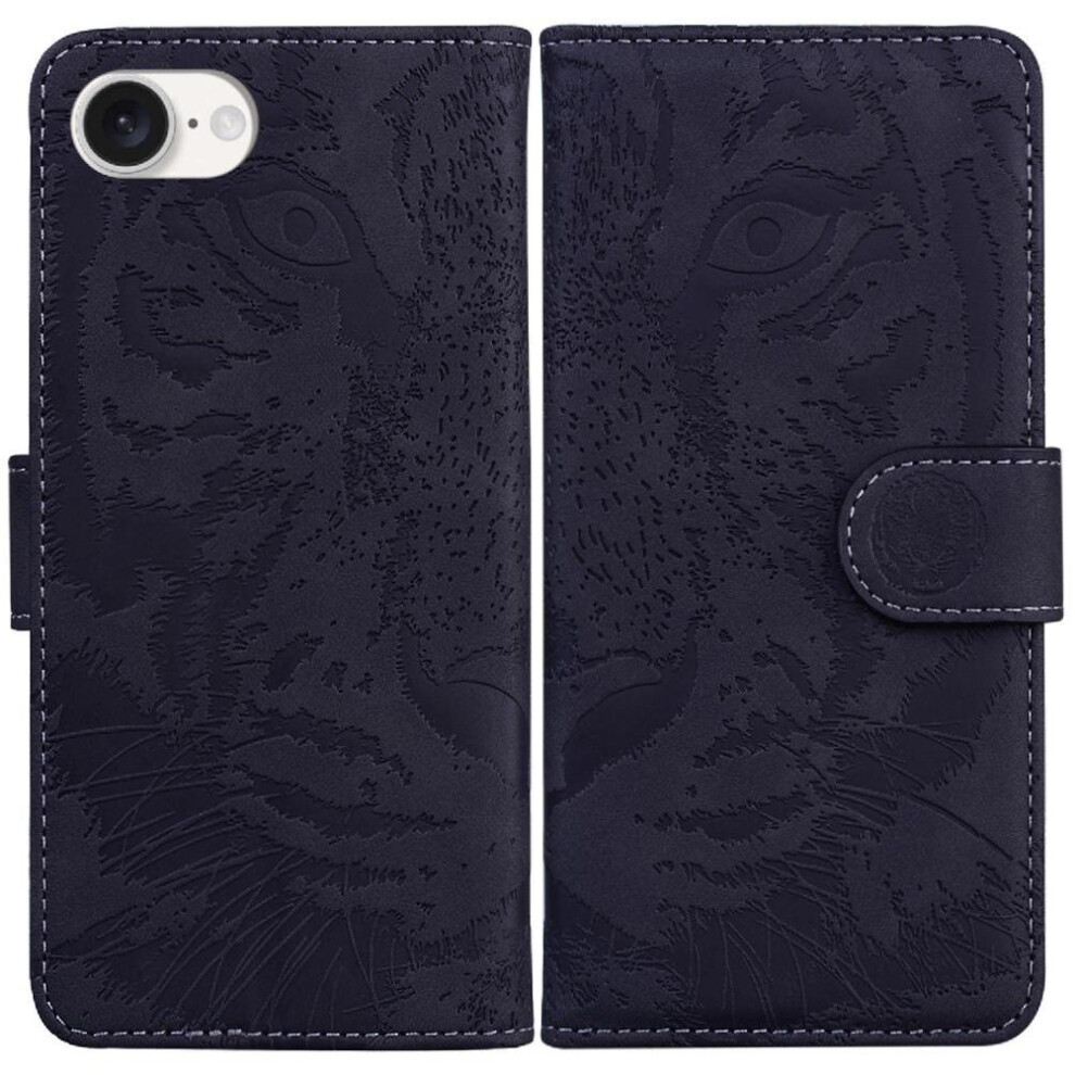 (Black) Flip Case For Iphone 16E Leather Wallet Kickstand Protective Embossed Cute Tiger Black 764549512034