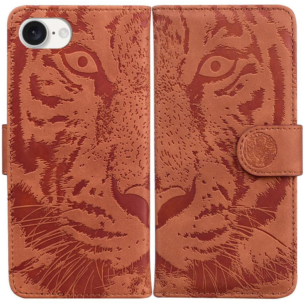 (Brown) Flip Case For Iphone 16E Leather Wallet Kickstand Protective Embossed Cute Tiger Brown 764549512072