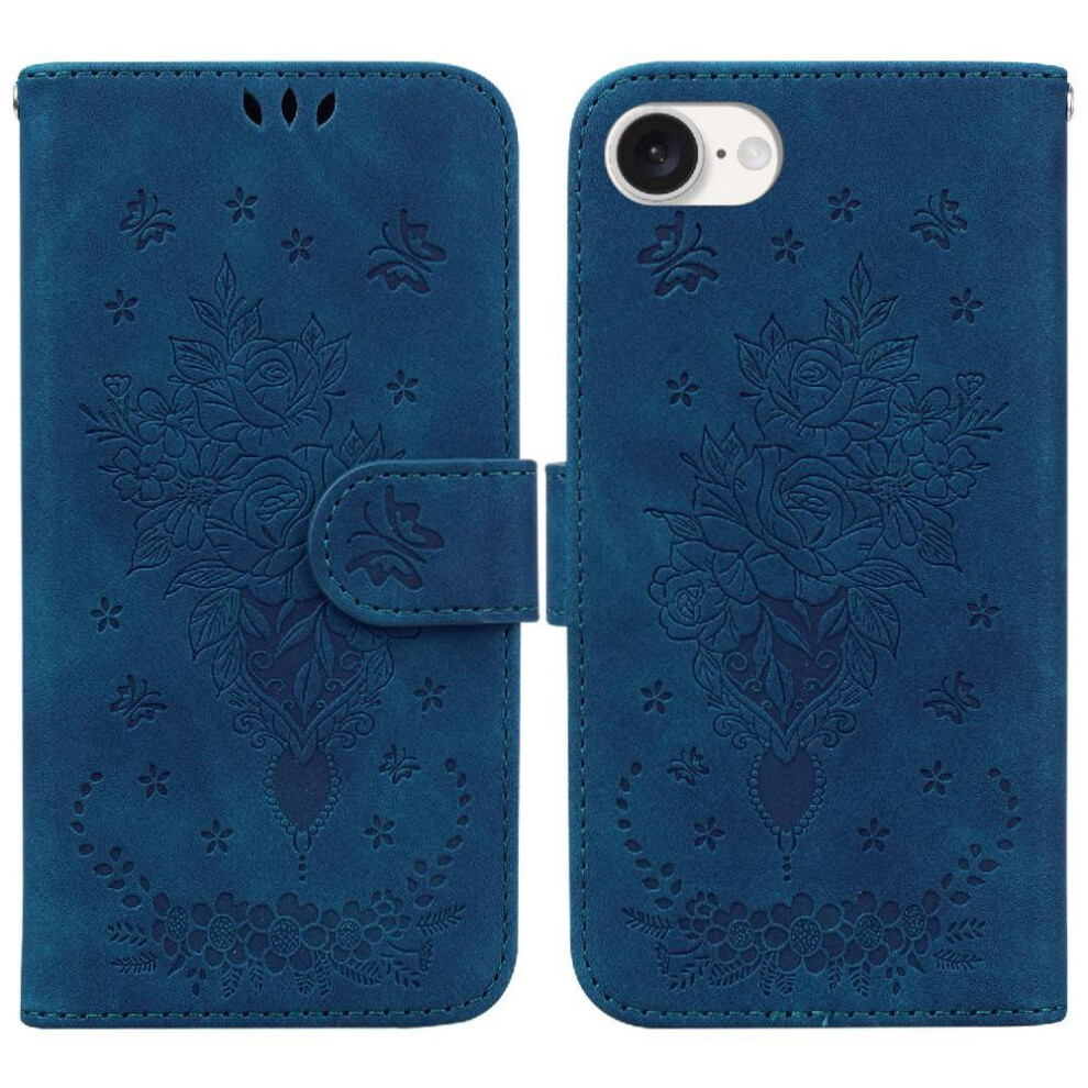 (Blue) Case For Iphone 16E Emboss Rose Flowers Flip Pu Leather Cover Card Slots Wallet Case Kickstand Blue 764549512201