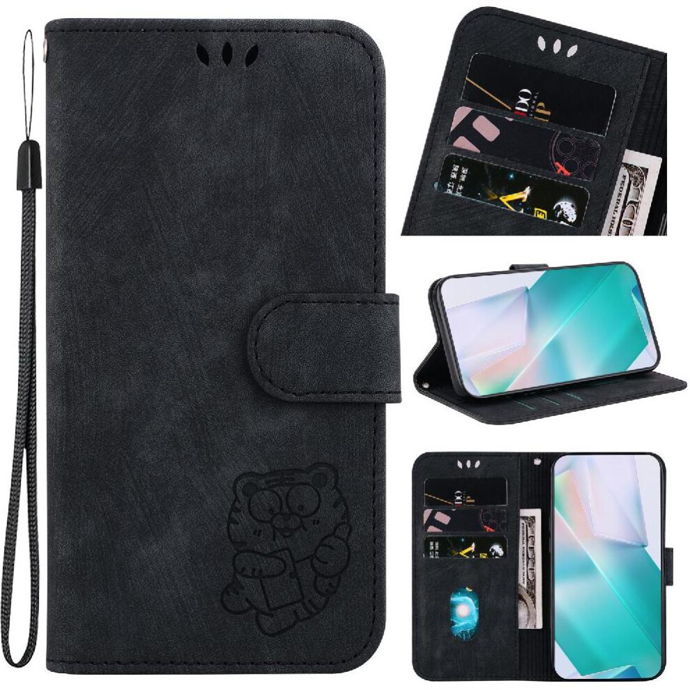 (Black) Case For Iphone 16E Wallet Case Card Pocket Holder Cover Embossed Cute Tiger Flip Folio Black 764549512300