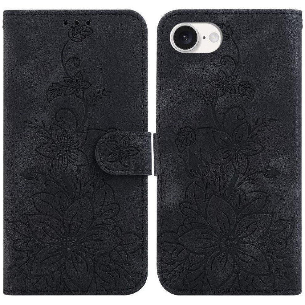 (Black) Flip Case For Iphone 16E Magnetic Card Holder Wallet Embossed Lily Kickstand Black 764549512539